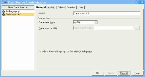 OpenOffice Data source Administrator - General